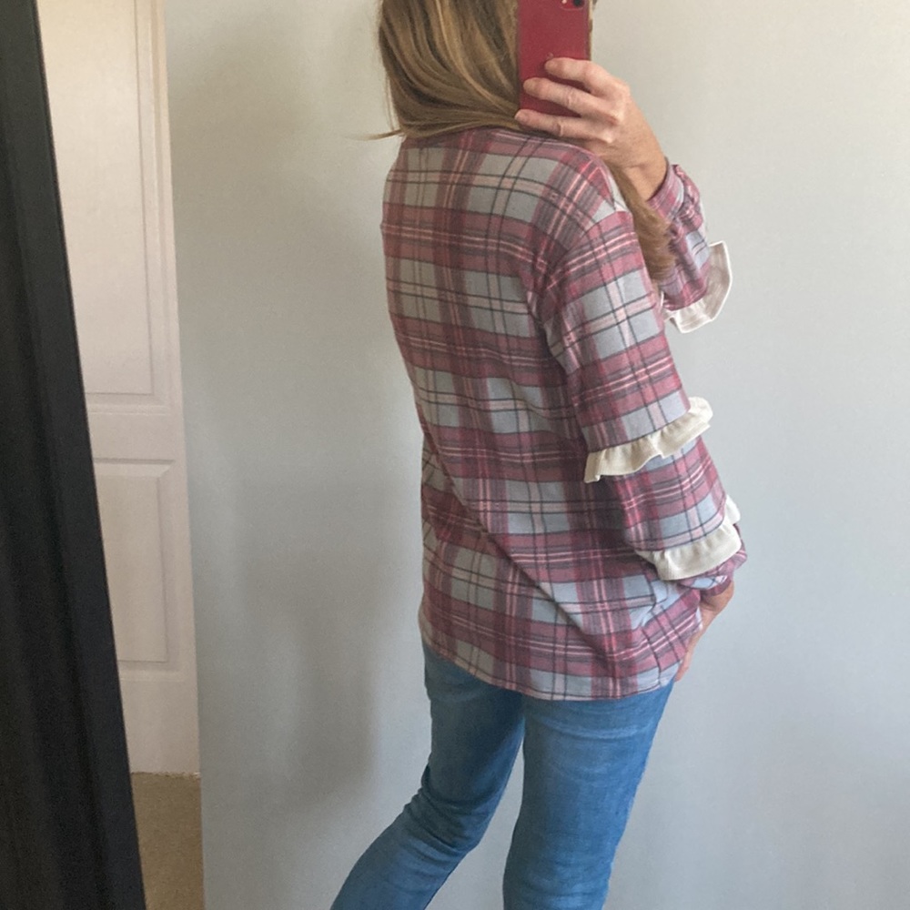 Plaid Long Sleeve with Ruffle Detail Top - Picture 6 of 10